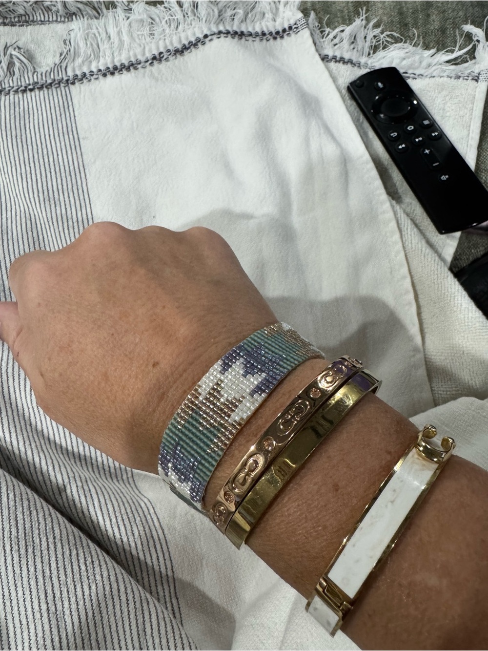 Handmade Beaded Cuff Bracelet in Green, Purple and Cream